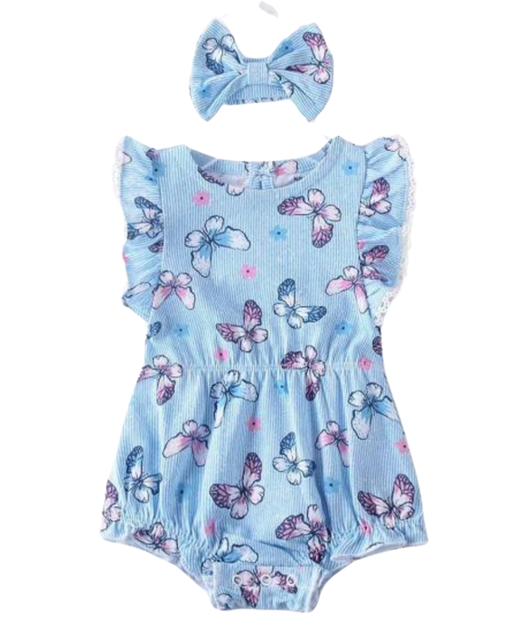 Blue butterflies romper and headband set