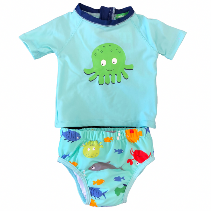 Short Sleeve Octopus Rash Top with matching reusable swim nappy