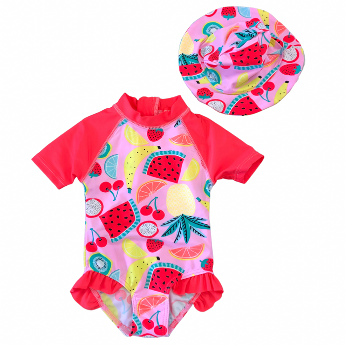 Short Sleeve Fruit Print Swimsuit with Hat